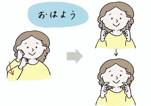 手話「おはよう」 おはよう,朝,人物,手話,手話通訳,対話,会話,楽しい,福祉,挨拶のイラスト素材