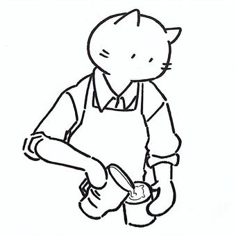 ラテアートを作るねこカフェ店員(線画) カフェ,ラテアート,カフェ店員,コーヒーショップ,コーヒー,バリスタ,ミルク,ねこ,職業,仕事のイラスト素材