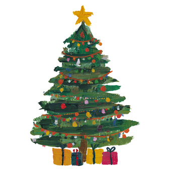 クリスマスツリーとプレゼントのイラスト クリスマス,クリスマスツリー,ツリー,もみの木,飾り,オーナメント,イルミネーション,冬,手描き,絵の具風のイラスト素材