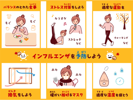 インフル予防　女性 インフル,ウイルス,フレーム,テンプレ,人物,風邪,予防,セット,アイコン,流行のイラスト素材