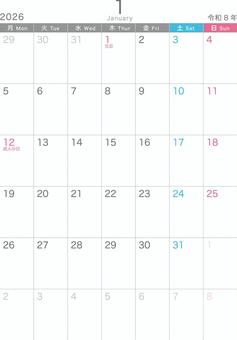 シンプル_2026_01_縦_月始 シンプル_2026_01_縦_月始 カレンダー,2026,1月,january,令和8年,月曜日始め,おしゃれ,かわいい,冬,記念日なしのイラスト素材