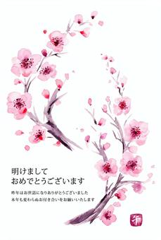 年賀状・手描き水彩の優しい梅の花 年賀状,梅,花,お正月,正月,元旦,水彩,桜,和風,和のイラスト素材