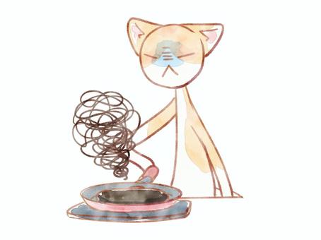 料理焦がし猫 猫,可愛い,焦がす,失敗,真っ黒,料理,フライパン,水彩風のイラスト素材
