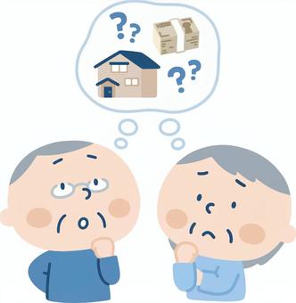 相続に悩む人のイラスト 相続,遺産,遺産相続,終活,高齢者,おじいさん,おばあさん,シニア,家,土地のイラスト素材