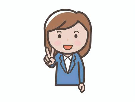 笑顔でピースをする女性会社員のイラスト 女性,スーツ,ピース,かわいい,ol,ビジネスウーマン,vサイン,会社員,笑顔,記念撮影のイラスト素材