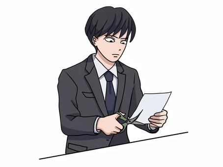 書類をハサミで切るスーツ姿の男性 書類,ハサミ,切る,カット,スーツ,男性,ビジネス,作業,事務作業,業務のイラスト素材