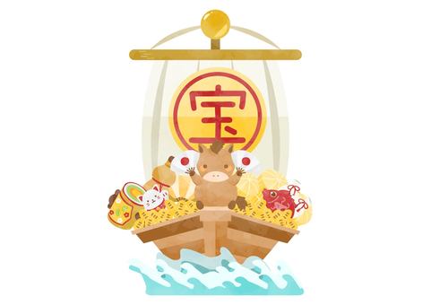 ほのぼのとしたウマと宝船のイラスト ほのぼのとしたウマと宝船のイラスト 馬,動物,宝船のイラスト素材