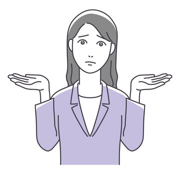 困った様子のスーツ姿の女性 女性,スーツ,ビジネス,困る,悩む,考える,左右,手,両手,上げるのイラスト素材