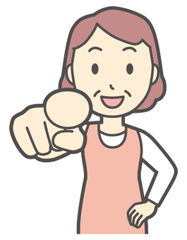  エプロンおばちゃん-235-バスト 指さす,笑顔,おばちゃん,エプロン,お母さん,ママ,中年,おばさん,主婦,人物のイラスト素材