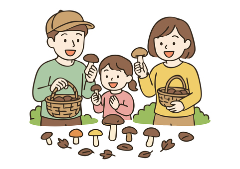 家族でキノコ狩りと収穫体験 人物,キノコ狩り,きのこ,キノコ,アジア人,中国人,ベクター,日本人,白バック,仕事のイラスト素材