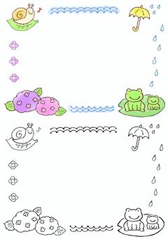 梅雨の手描きフレーム１ 梅雨,フレーム,手描き,カエル,かわいい,傘,あじさい,カタツムリ,雨,モノクロのイラスト素材