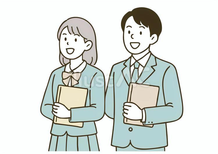 資料とノートパソコンを持った高校生男女 人物,イラスト,アジア人のイラスト素材