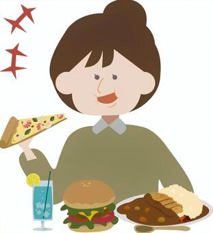 人物　暴飲暴食　女性 人物,暴飲暴食,医療,健康,肥満,女性,ダイエット,食べ物,ジャンクフードのイラスト素材