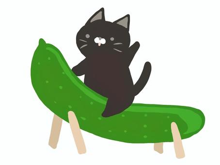 精霊馬に乗る猫（きゅうり） 精霊馬,お盆,猫,黒猫,8月,馬,風習,行事,夏,きゅうりのイラスト素材