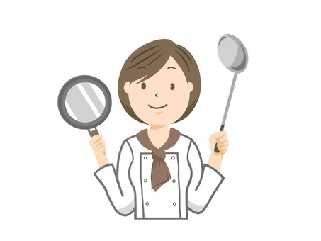 料理を作る仕事の女性のコック(料理人) 料理人,調理師,コック,フライパン,お玉,職業,お仕事,笑顔,制服,手描きのイラスト素材