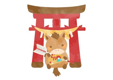 鳥居と破魔矢を持ったお馬さんのイラスト 馬,動物,干支,鳥居,破魔矢,元旦,元日,かわいい,お正月,年賀状素材のイラスト素材
