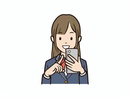 スマホを操作する笑顔のブレザー女子 スマホ,スマートフォン,携帯電話,学生,ブレザー,リボン,女子,高校生,中学生,モバイルのイラスト素材
