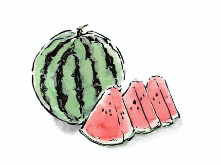 絵手紙風　丸ごととカットされたスイカ スイカ,食べ物,果物,野菜,夏,7月,8月,みずみずしい,甘い,筆文字のイラスト素材
