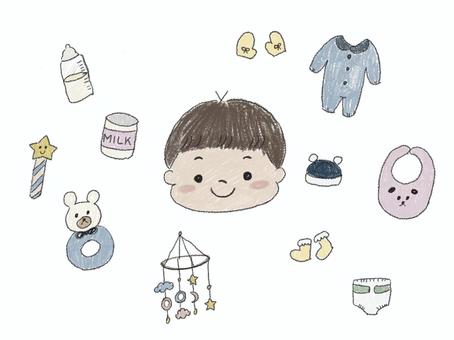 赤ちゃんとベビー用品 赤ちゃん,赤ちゃん用品,ベビーグッズ,ベビー用品,ベビー服,哺乳瓶,ミルク,おもちゃ,スタイ,靴下のイラスト素材