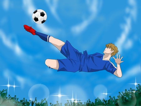 ボールを蹴ろうとする選手 サッカー選手,観客,歓声,蹴る,サッカーボール,プロ,スポーツ選手,ユニホーム,青い,赤いシューズのイラスト素材