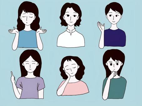女性6人 女性,6人,仕草,お手上げ,考える,中年,主線あり,水色のイラスト素材