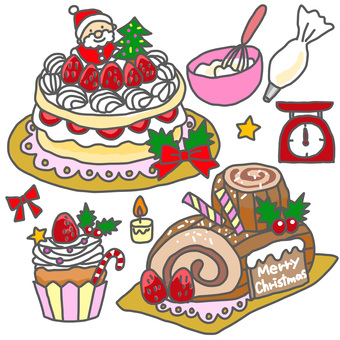 ワクワク！クリスマスケーキ作りセット クリスマス,クリスマスケーキ,ケーキ,カップケーキ,christmas,12月,冬,ブッシュドノエル,お菓子,スイーツのイラスト素材