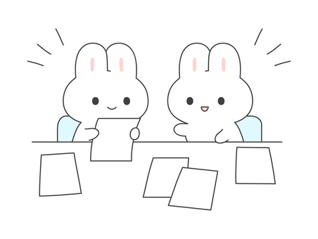 会議するうさぎ達のイラスト　2人 会議,うさぎ,動物,ディスカッション,仕事,ワーク,話し合い,話す,会話,意見のイラスト素材