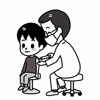 予防接種　男の子　白黒 予防接種,こども,白黒,小児科,ワクチン,注射,筋肉注射,医療,医者,マスクのイラスト素材
