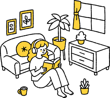 自宅で自分時間を楽しむ女性 女性,ヘッドホン,読書,自宅,自分時間,趣味,ソファ,観葉植物,鉢,リビングのイラスト素材
