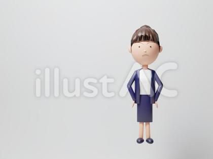 手を腰に当ててムッとする中年女性・全身