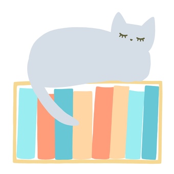 本棚の上で眠るグレーのネコ 猫,かわいい,本,昼寝,うたた寝,本棚,明るい,アイコン,動物,ペットのイラスト素材