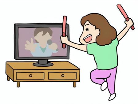 家でペンライトを振りながら応援する女性 推し活,家,自宅,推し,テレビ,動画,映像,視聴,ペンライト,応援のイラスト素材