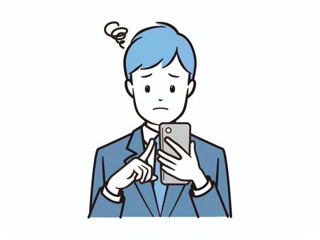 スマホ操作に困惑するビジネスマン スマホ,スマートフォン,ビジネス,ビジネスマン,サラリーマン,携帯電話,モバイル,アプリ,sns,困るのイラスト素材