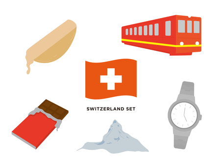スイス イラストセット スイス,チーズ,ラクレット,時計,チョコレート,山,アルプス,鉄道,旅行,観光のイラスト素材