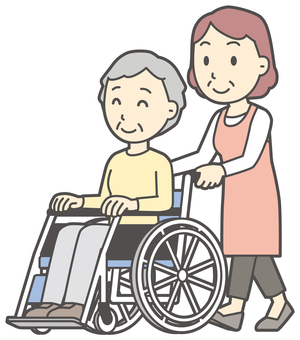  車椅子を押して歩いている中年の女性 介助,おばさん,人,女性,中年,おばちゃん,シニア,ママ,主婦,ヘルパーのイラスト素材
