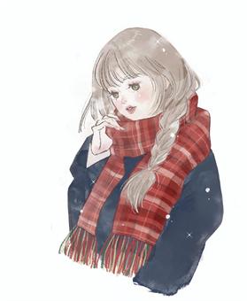 赤チェックマフラーの女の子(三つ編み) 女性,女の子,きれい,可愛い,三つ編み,マフラー,ストール,赤,タータンチェック,ウィンターファッションのイラスト素材