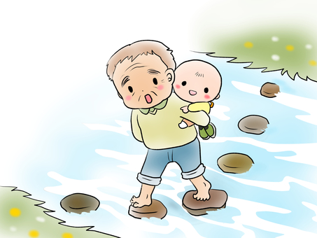 赤ちゃんをおんぶして川を渡るおじいさん おじいさん,赤ちゃん,孫,川,渡るのイラスト素材