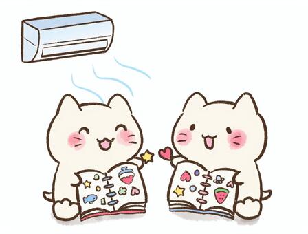 夏休みクーラーの部屋でシール交換するねこ 夏休み,シール交換,クーラー,シール帳,室内,屋内,シール,友達,熱中症対策,エアコンのイラスト素材