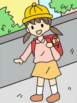 登校　小学生背景あり 登校,学校,小学生,１年生,帽子,ランドセル,入学,登下校,新入生,女の子のイラスト素材