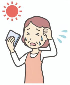  熱中症になりそうなエプロンのおばさん 暑い,女性,人,主婦,中年,シニア,エプロン,ママ,お母さん,おかんのイラスト素材