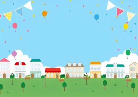 風船と可愛い欧州の街並みのイラスト風景 風船と可愛い欧州の街並みのイラスト風景 街,欧州,北欧風,風船,紙吹雪,旗,家,街灯,木,花壇のイラスト素材