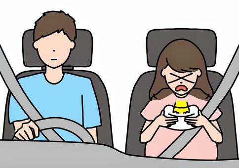 助手席で嘔吐する妊婦　カラー 助手席,女性,妊婦,嘔吐,体調不良,男性,運転,つわり,カラーのイラスト素材