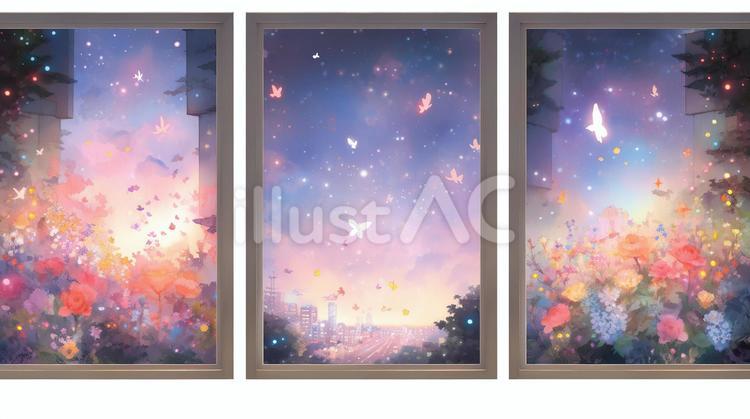 額縁に飾られた幻想的な花畑 額縁,花畑,蝶々のイラスト素材