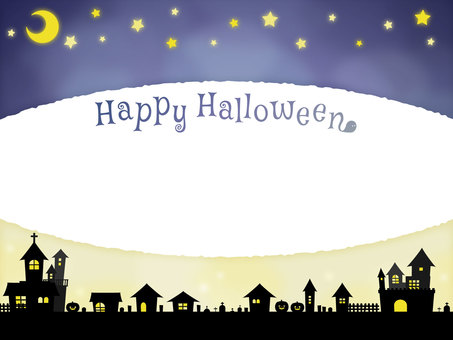 ハロウィンの夜空と街並みフレーム水彩 ハロウィン,夜,お城,家,街並み,シルエット,水彩,グラデーション,シンプル,フレームのイラスト素材