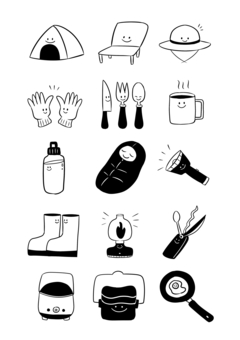 アウトドア/キャンプ用品セット アウトドア,キャンプ,手描き,かわいい,白黒,ナチュラルテイスト,シンプル,テント,イス,帽子のイラスト素材