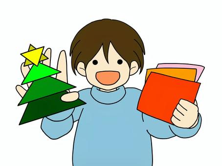 クリスマスツリーの折り紙と男の子 クリスマス,折り紙,男の子,子ども,クリスマスツリーのイラスト素材