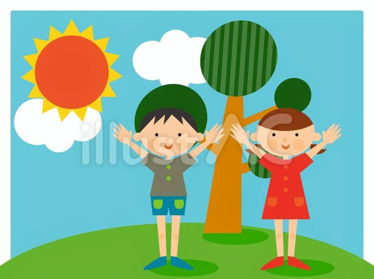 手描きイラスト 太陽と親子 太陽と子供イラスト - No: 590516｜無料イラスト・フリー素材なら