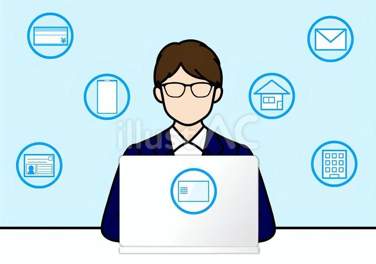 パソコン操作の男性と個人情報のアイコン パソコン,男性,シルエットのイラスト素材