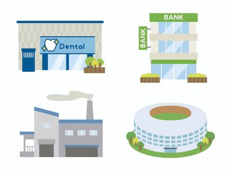 公共施設のイラストセット  公共施設,施設,銀行,工場,ドーム,アリーナ,競技場,スタジアム,製造所,プラントのイラスト素材