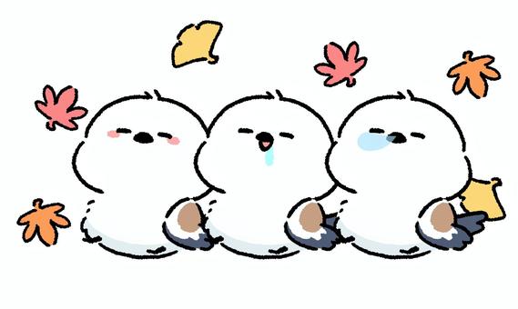 シマエナガ_睡眠の秋_01 シマエナガ,鳥,動物,手描き,ラフ,睡眠,眠い,寝る,3人,横並びのイラスト素材